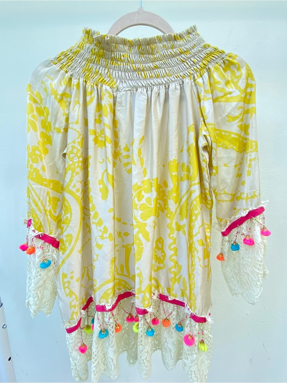 EURO Laurie & Joe Tan & Yellow Smocked Satin Beaded Pom Pom Dress Size Small